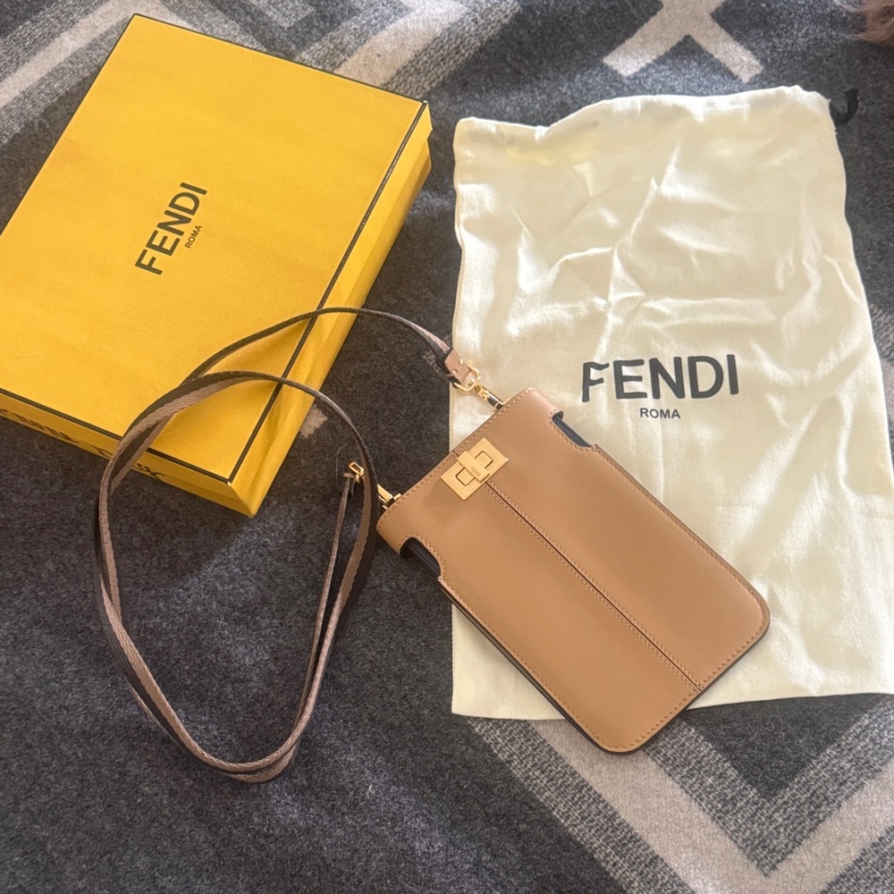 Fendi Beige Leather phone holder Crossbody with Gold Accents